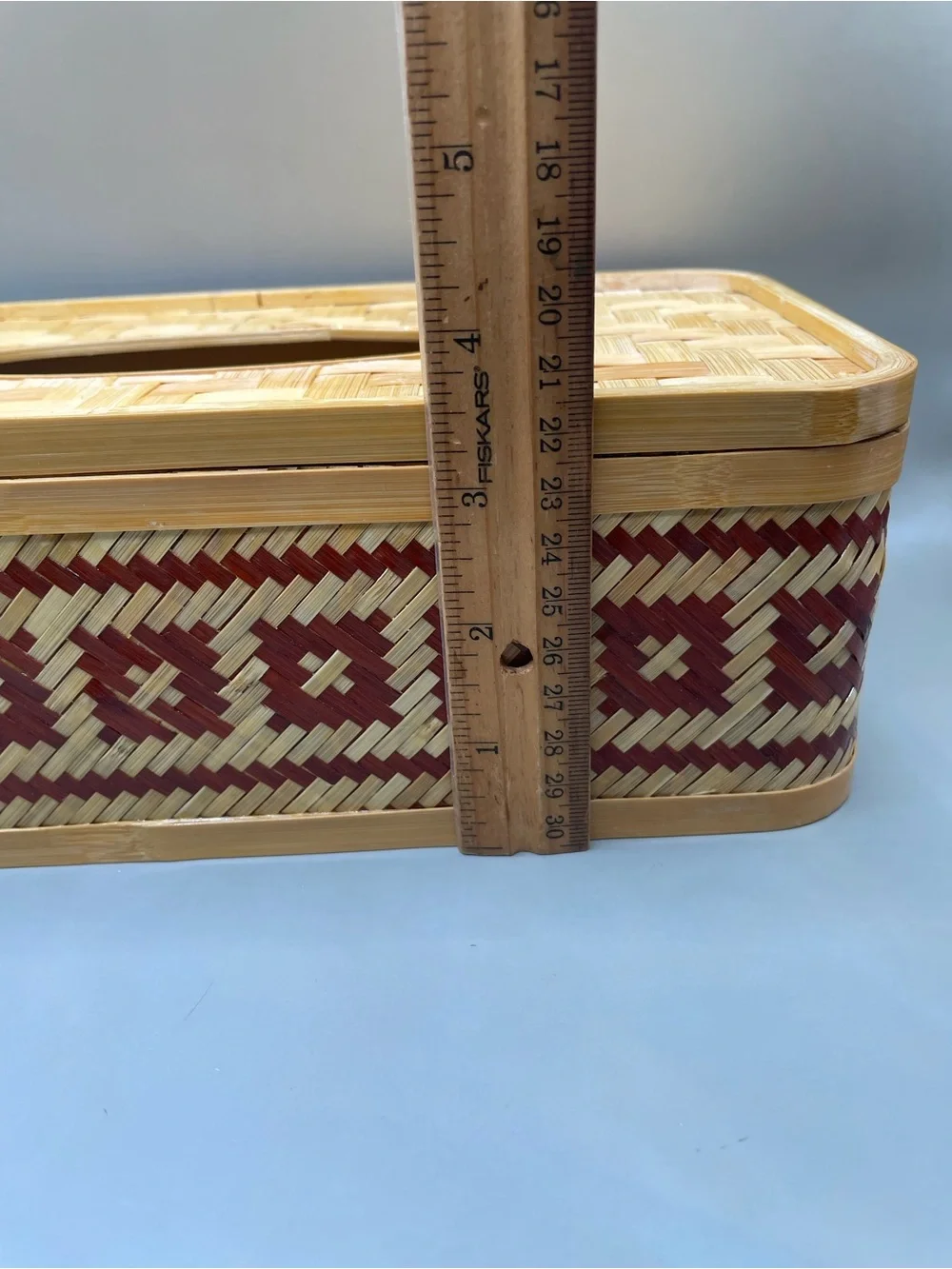 Vintage Bamboo Woven Red Geometric Design Tissue Box Cover With Lid 10.5x3.5”